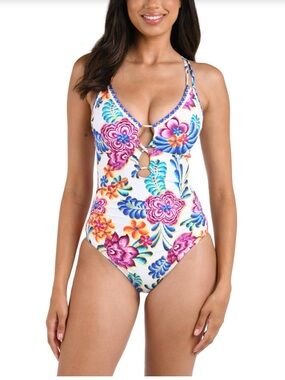 NWT La Blanca Underwire Lace Up One Piece Swimsuit, Multi//Flor De Paradiso